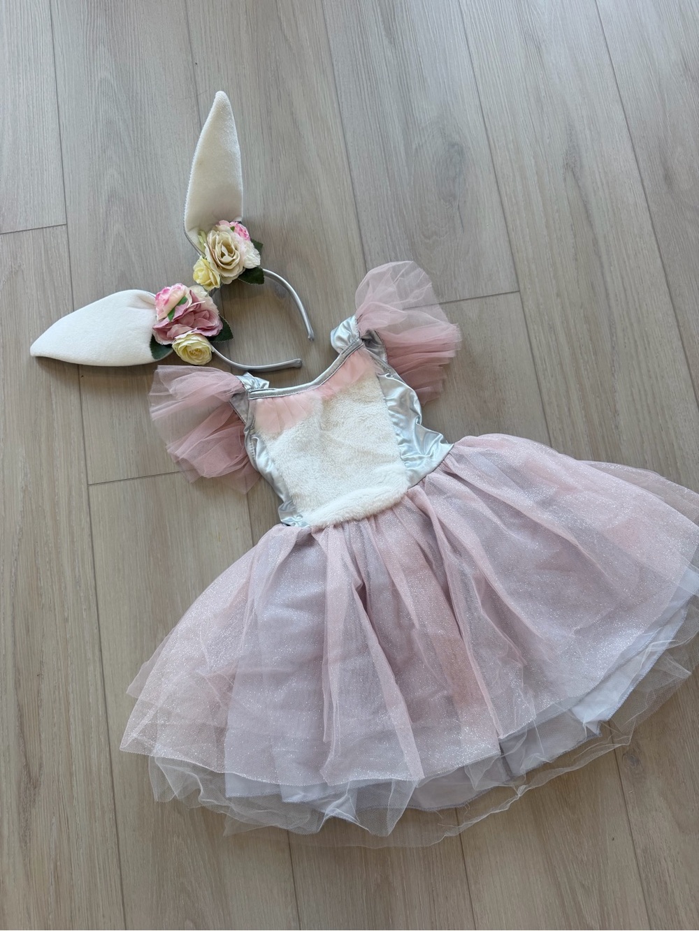 Pink Bunny Tulle Costume Dress with Floral Ear Headband